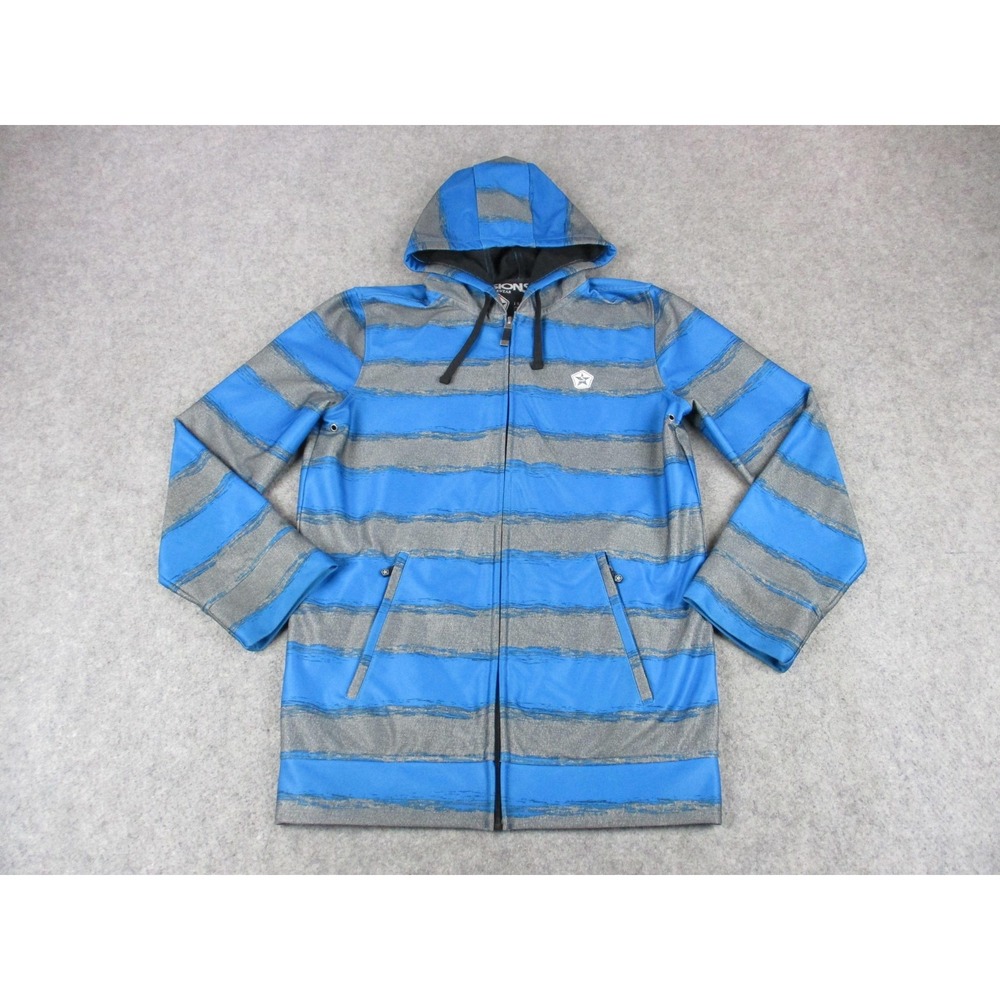Sessions Jacket Mens Small Blue Gray Softshell Hooded Waterproof Striped Fleece